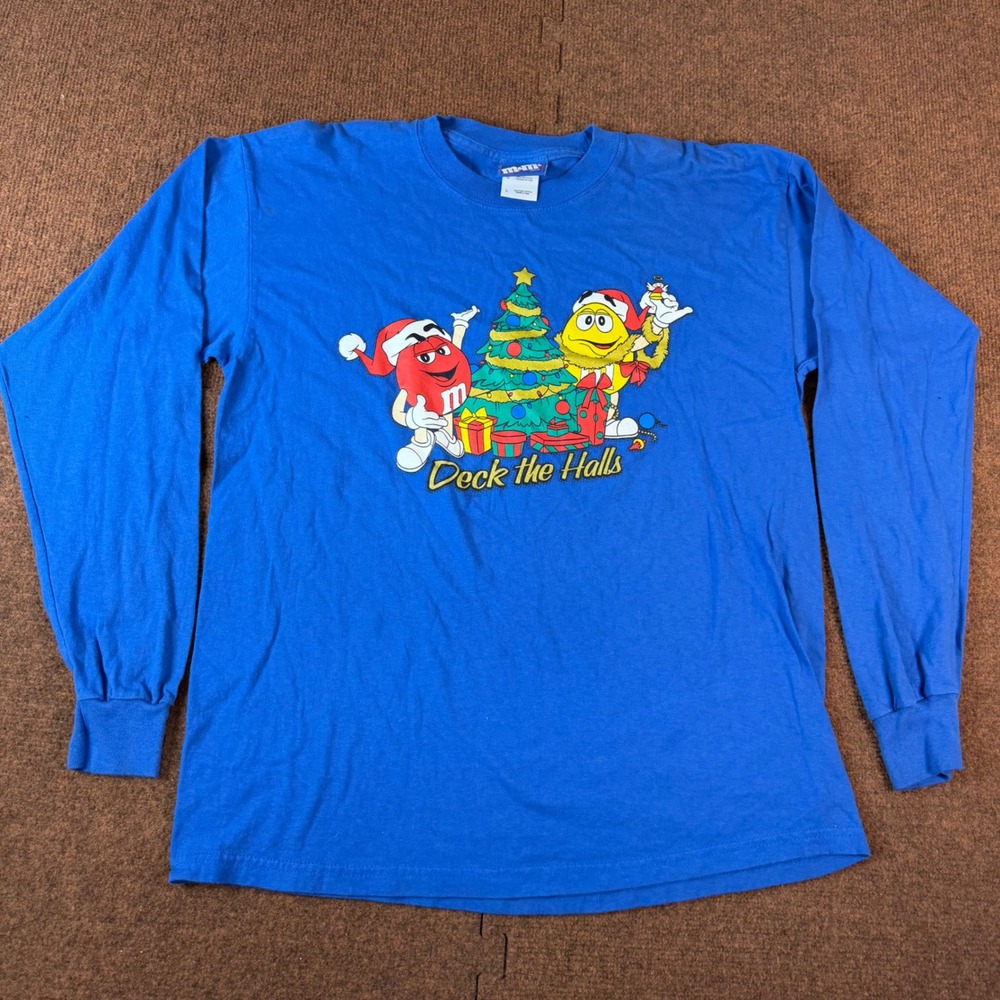 M&Ms Brand Christmas Deck the Halls Blue Long Sleeve Graphic T-Shirt Mens Large